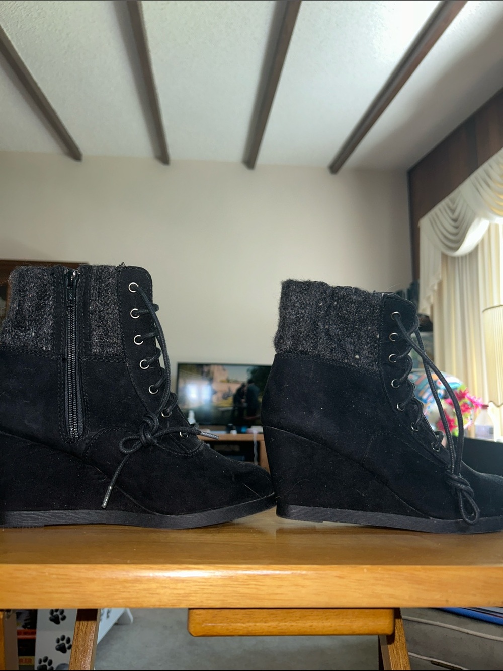 So Women’s Black Wedge Lace-Up Ankle Boots